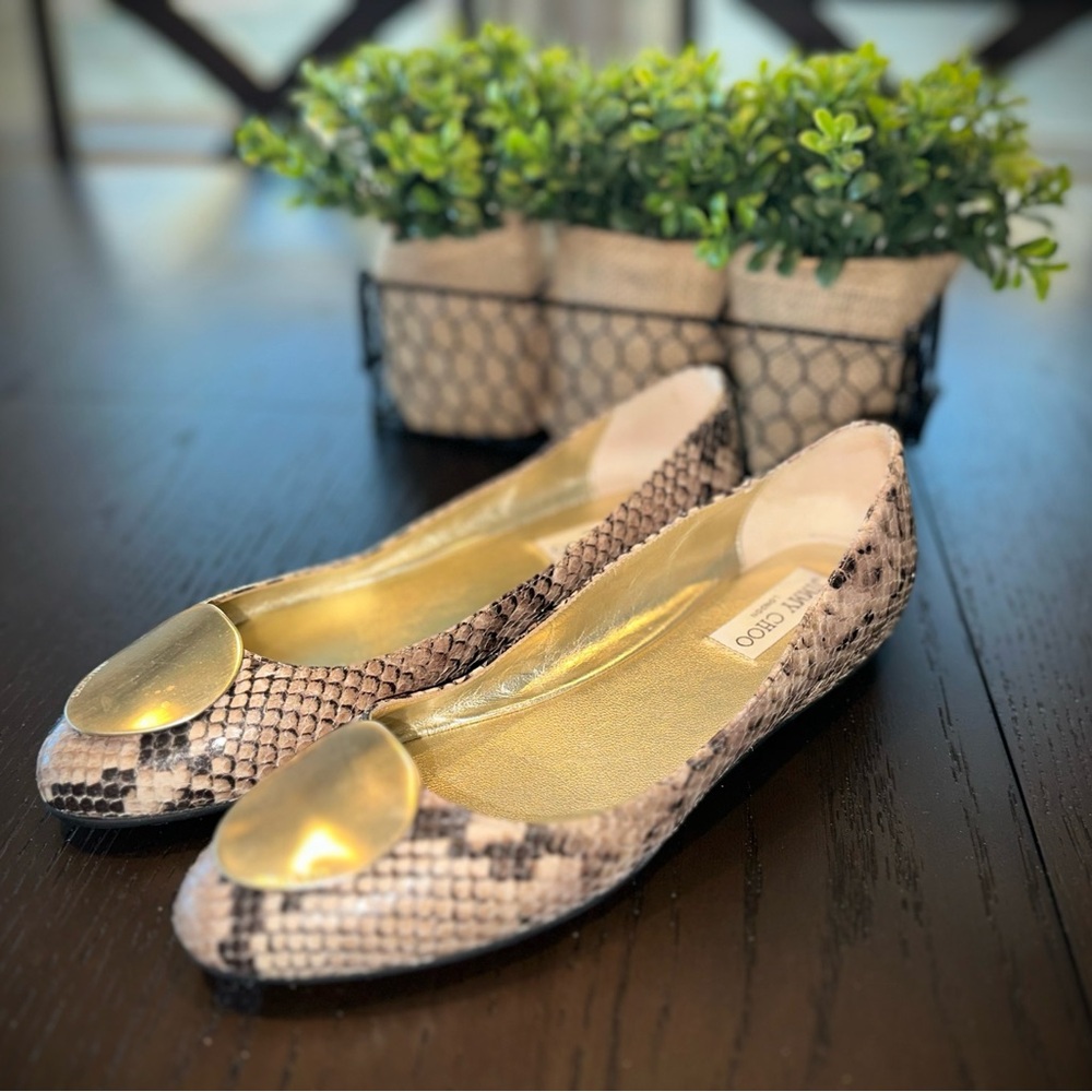 Jimmy Choo Snakeskin Flats with Gold Detail